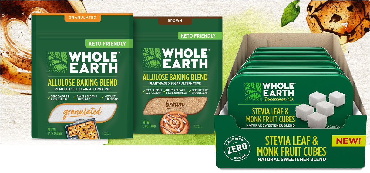 Whole Earth baking blends packaging and stevia cube packs in tray.