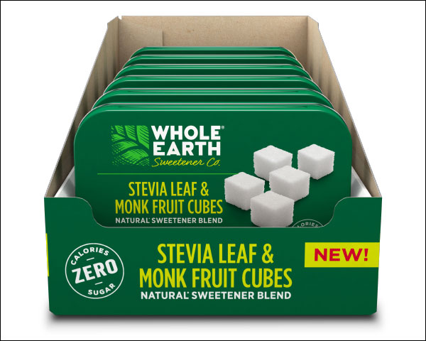 Whole Earth stevia leaf & fruit cubes product in tray.